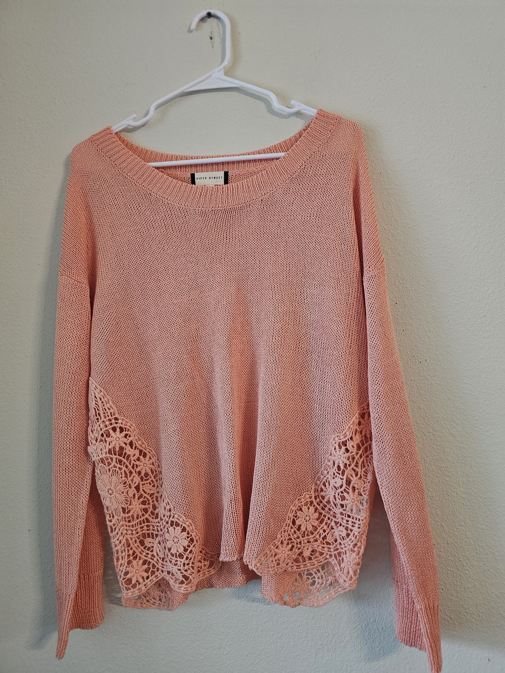 Soft Peach Crochet-Hem Scoop Neck Sweater